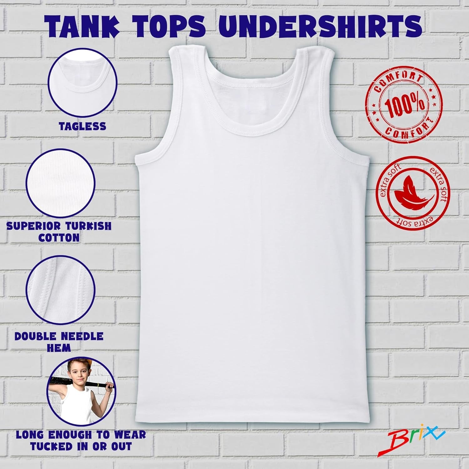 4 Pack Boys Tank Tops 100% Cotton Super Soft