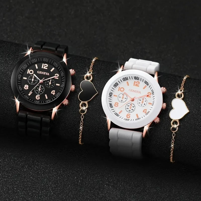 2Pcs Luxury Women'S Watch Set Fashion Luxury Elegant Alloy Wristwatch Silicone Strap Couple Watch Men Quartz Holiday Gifts