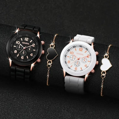 2Pcs Luxury Women'S Watch Set Fashion Luxury Elegant Alloy Wristwatch Silicone Strap Couple Watch Men Quartz Holiday Gifts