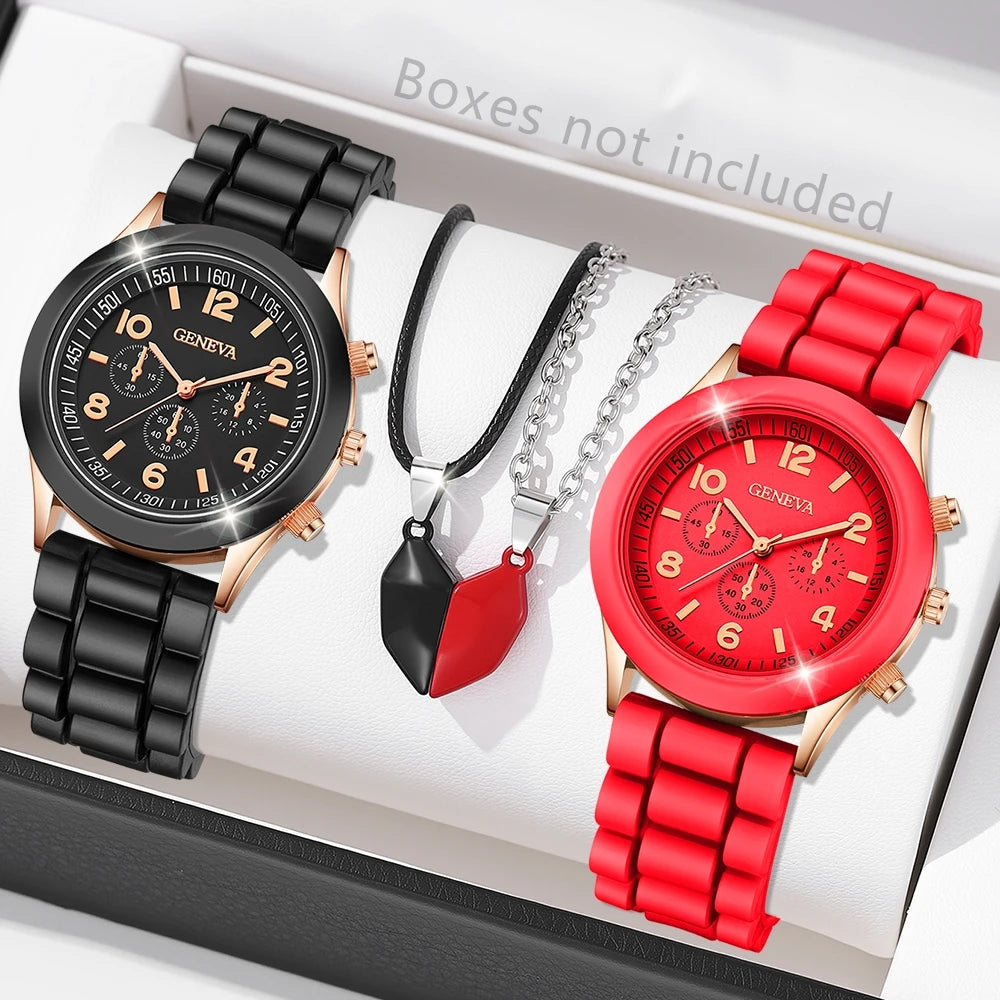2Pcs Luxury Women'S Watch Set Fashion Luxury Elegant Alloy Wristwatch Silicone Strap Couple Watch Men Quartz Holiday Gifts