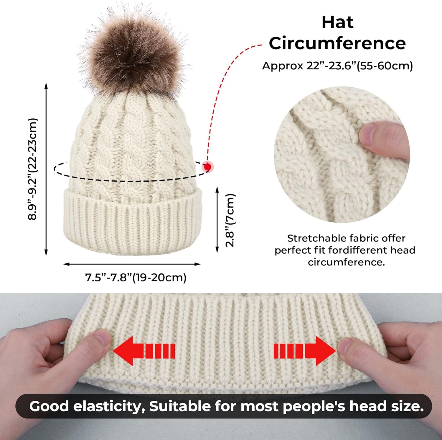 Women'S Winter Soft Knit Beanie Hat with Faux Fur Pom Pom Warm Skull Cap Beanies for Women