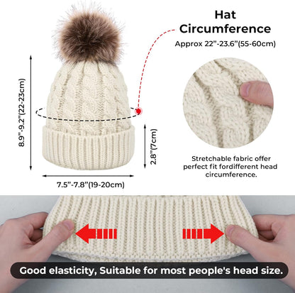 Women'S Winter Soft Knit Beanie Hat with Faux Fur Pom Pom Warm Skull Cap Beanies for Women