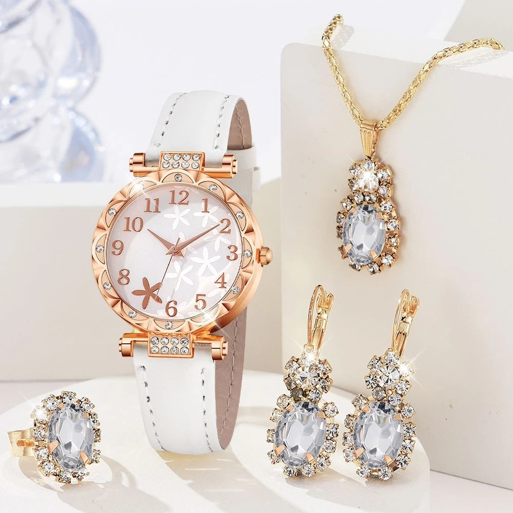 Womens Watches 5Pcs Set Luxury Rhinestone Women Fashion Elegant Wristwatch Quartz Watch for Girl Wristwatch Bracelet Gift