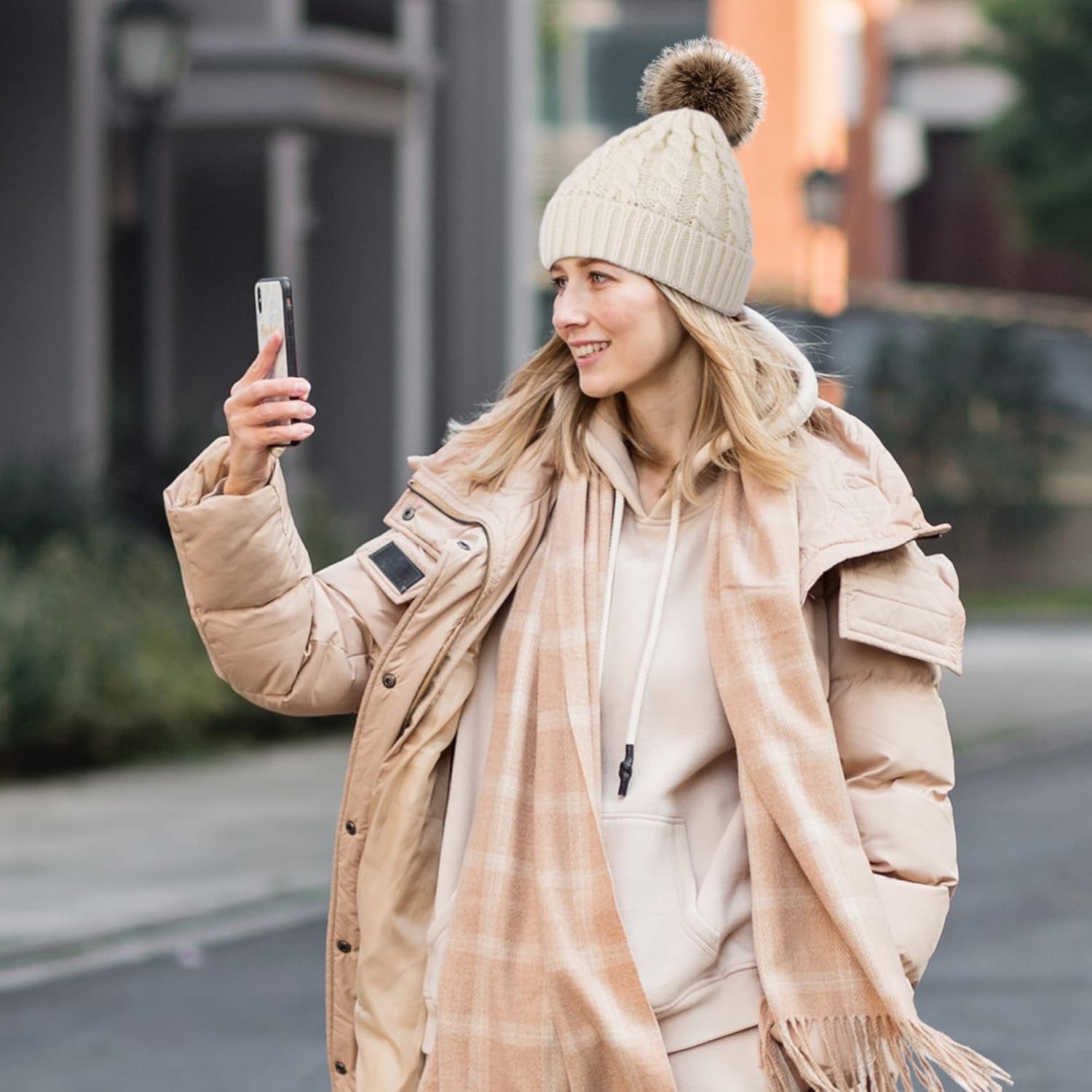 Women'S Winter Soft Knit Beanie Hat with Faux Fur Pom Pom Warm Skull Cap Beanies for Women