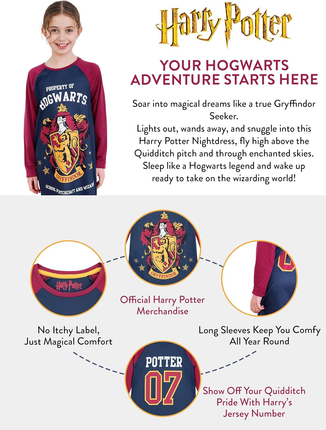Girls Nightdress | Gryffindor Girls' Nighties | Long Sleeve Hogwarts Nighty for Kids