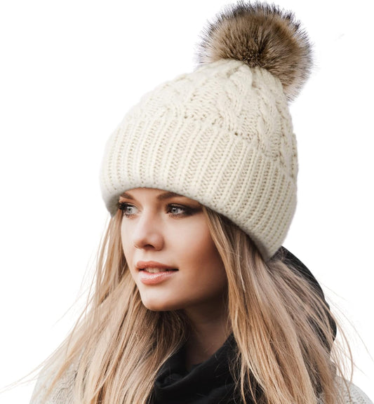 Women'S Winter Soft Knit Beanie Hat with Faux Fur Pom Pom Warm Skull Cap Beanies for Women
