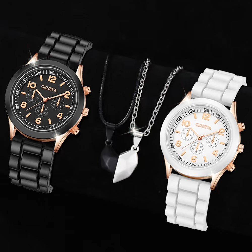 2Pcs Luxury Women'S Watch Set Fashion Luxury Elegant Alloy Wristwatch Silicone Strap Couple Watch Men Quartz Holiday Gifts