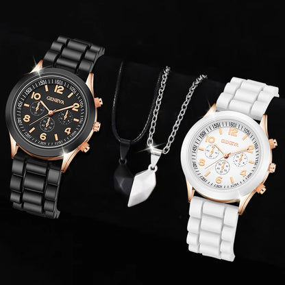 2Pcs Luxury Women'S Watch Set Fashion Luxury Elegant Alloy Wristwatch Silicone Strap Couple Watch Men Quartz Holiday Gifts